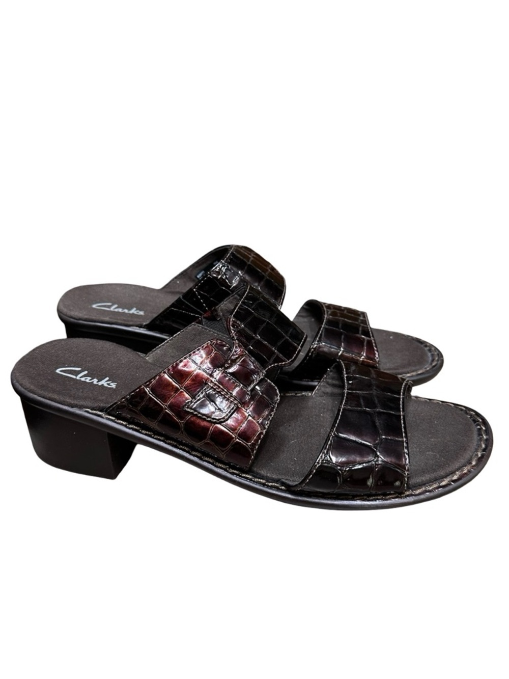 Clarks Brown Croc Print Strappy Sandal Size 9 Leather Block Heel Comfort Slip On